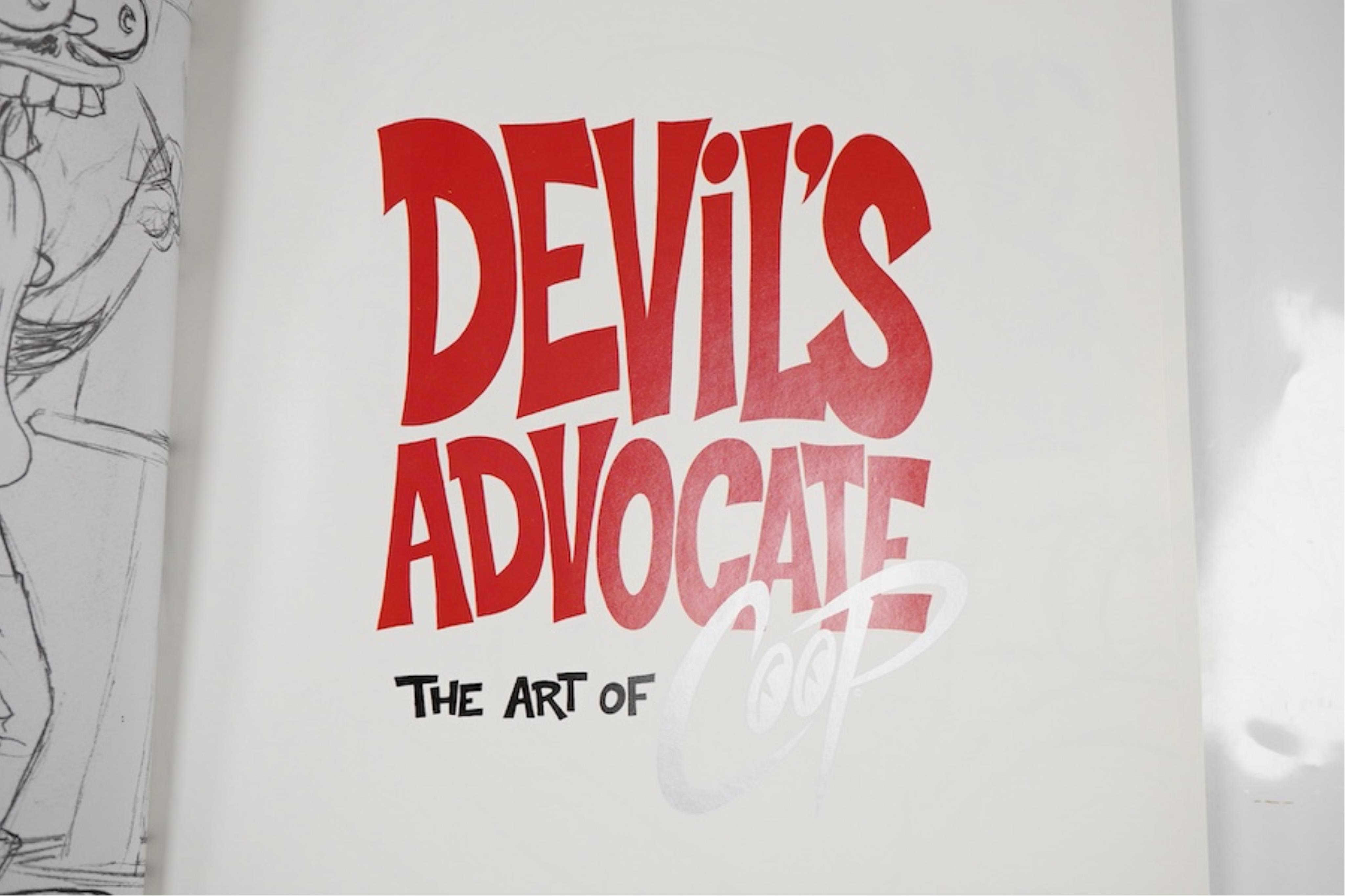 Coop (Chris Cooper, American, b.1968), a framed 1980s pop art poster entitled ‘Poster Pop Clothing’, signed in pencil and limited edition 117/450, together with a first edition of the book ‘Devil’s Advocate, the Art of C